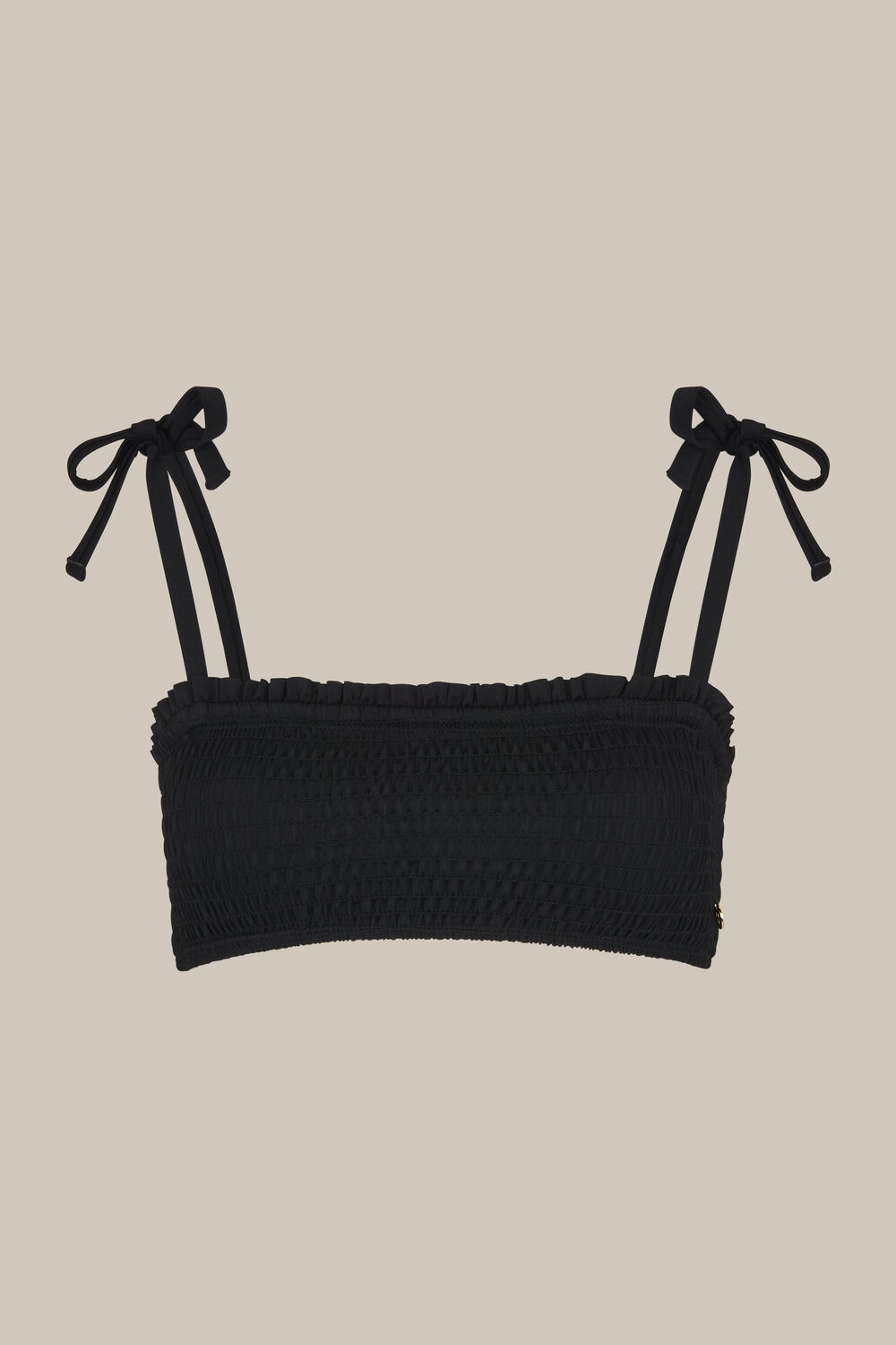 Shirred Tie Strap Bikini Top Black