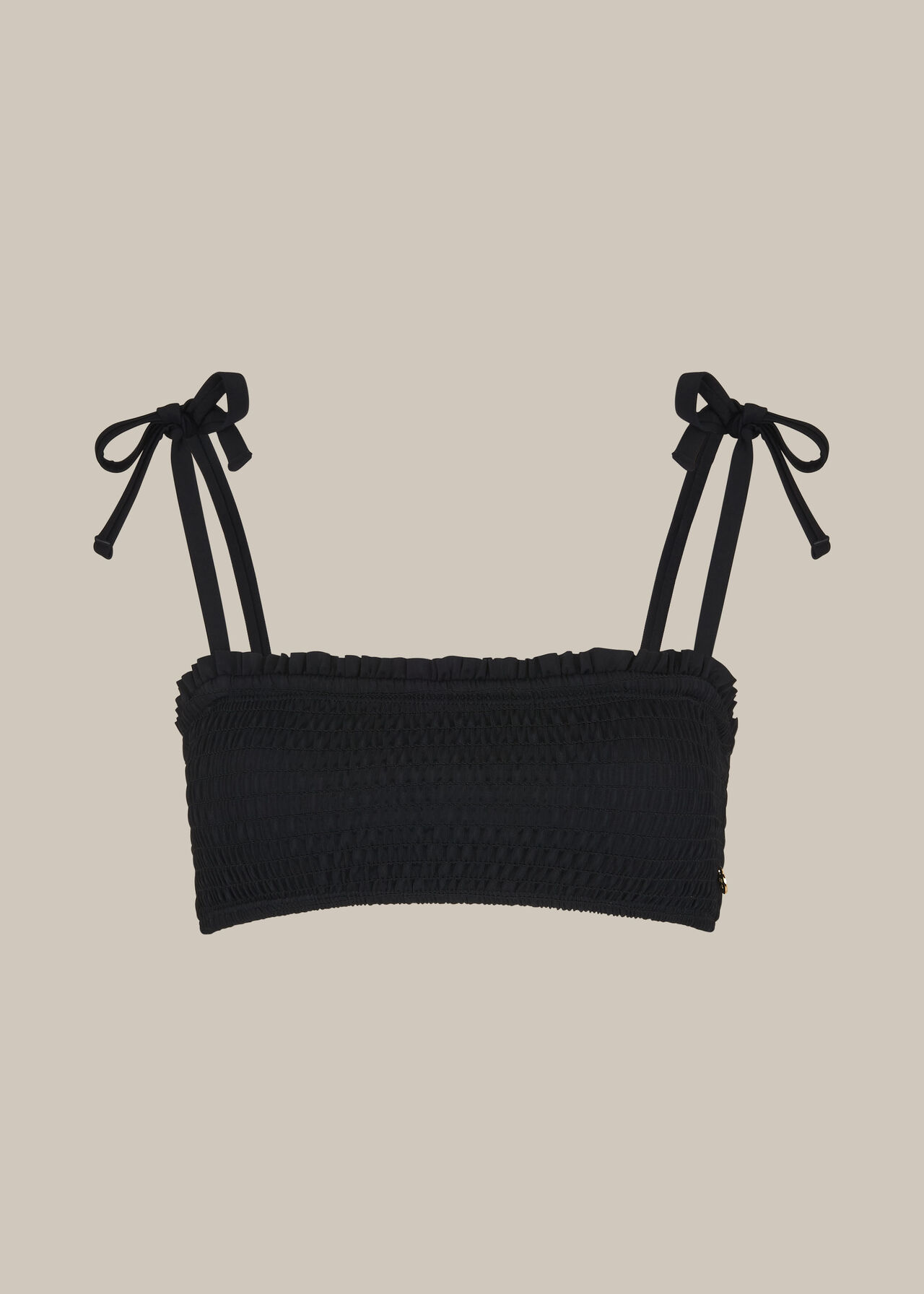 Shirred Tie Strap Bikini Top Black