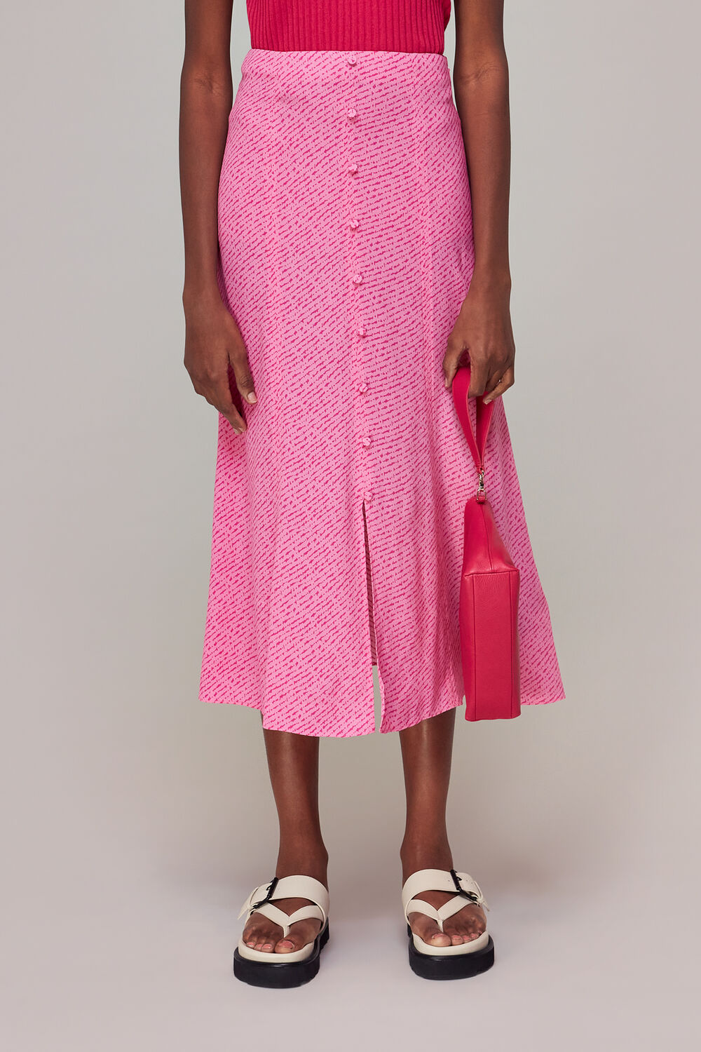 Pink Diagonal Fleck Button Skirt