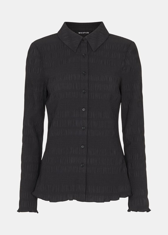 Black Plisse Button Front Shirt