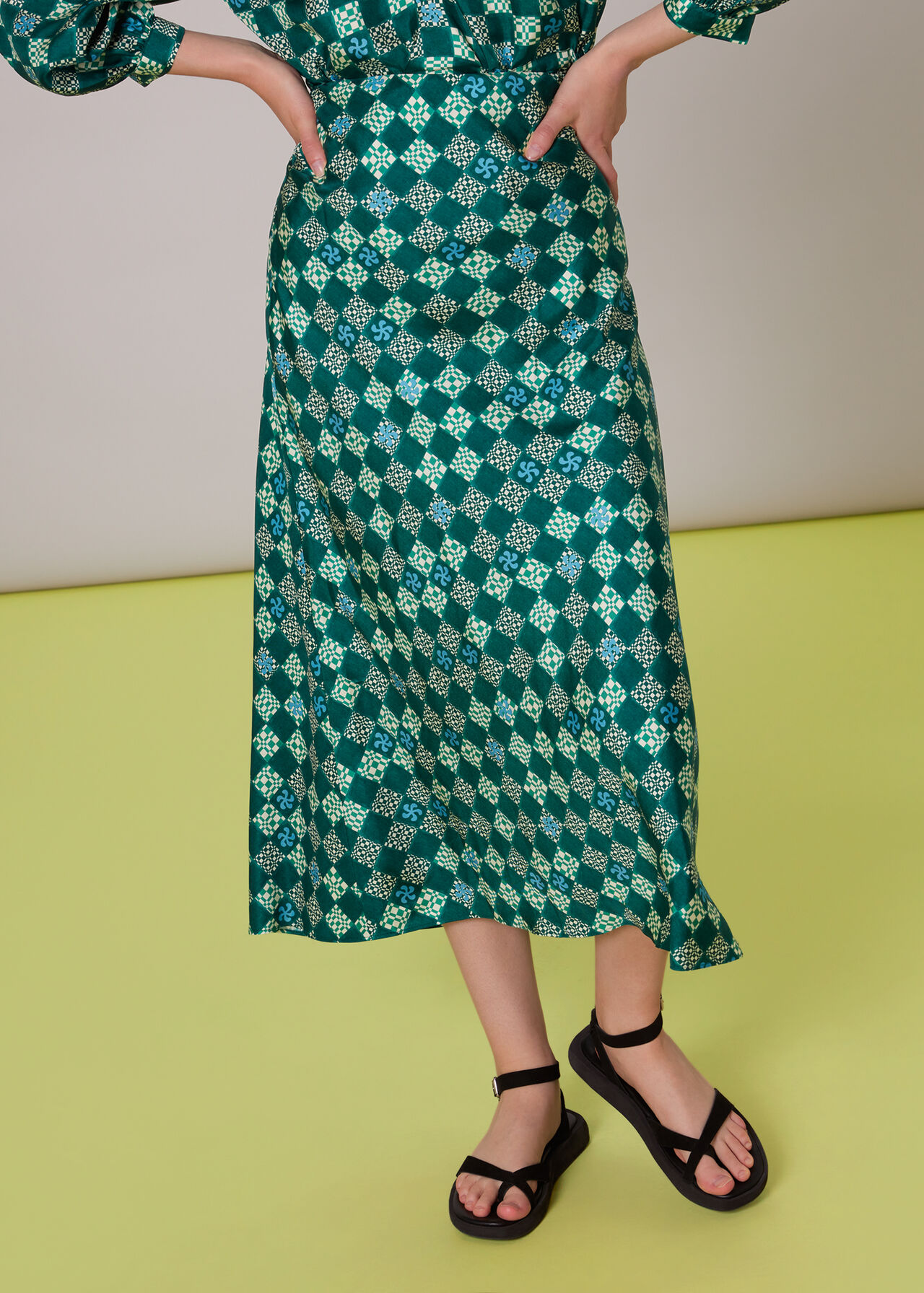 Green/Multi Silk Checkerboard Bias Skirt | WHISTLES
