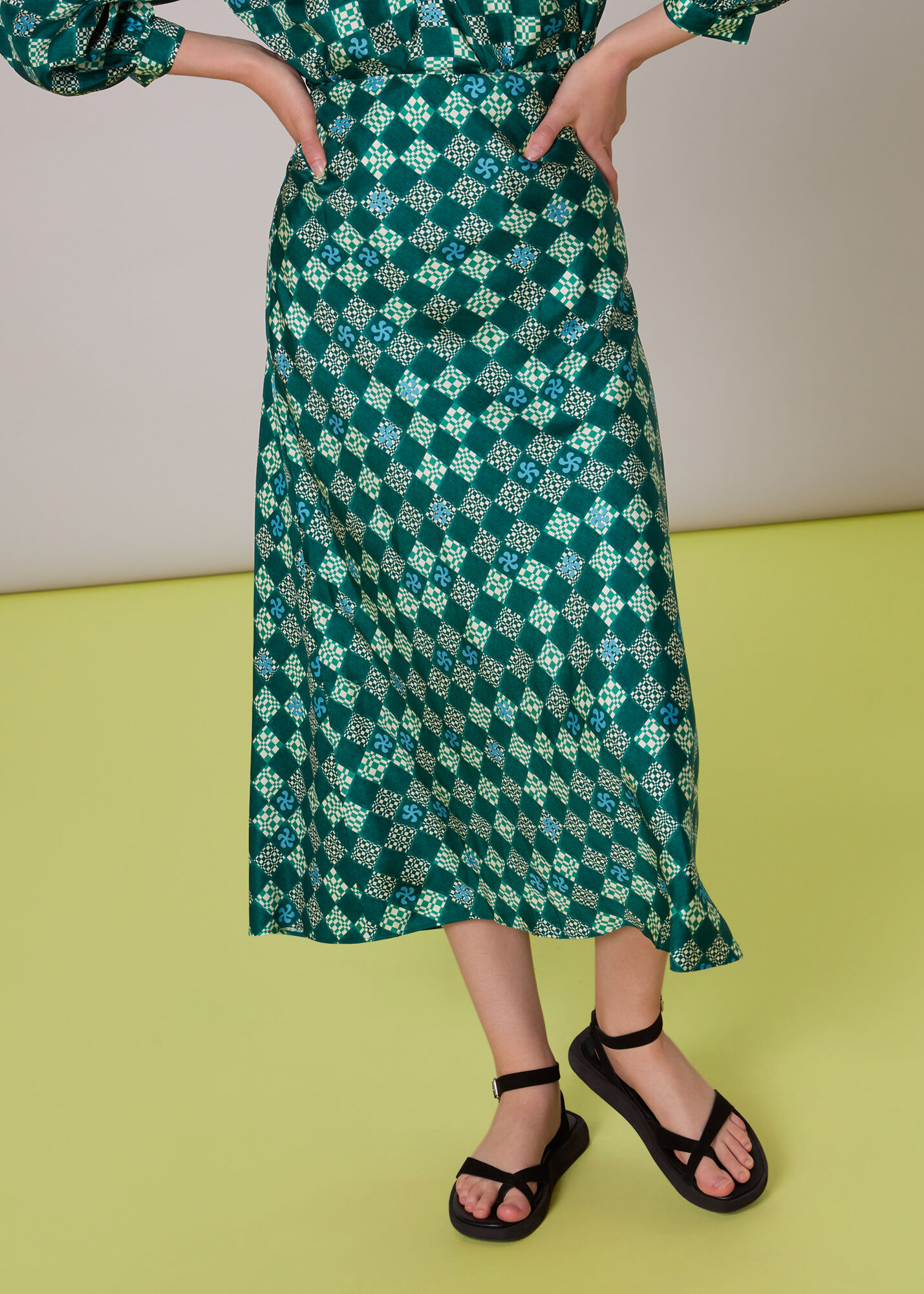 Green/Multi Silk Checkerboard Bias Skirt | WHISTLES | Whistles