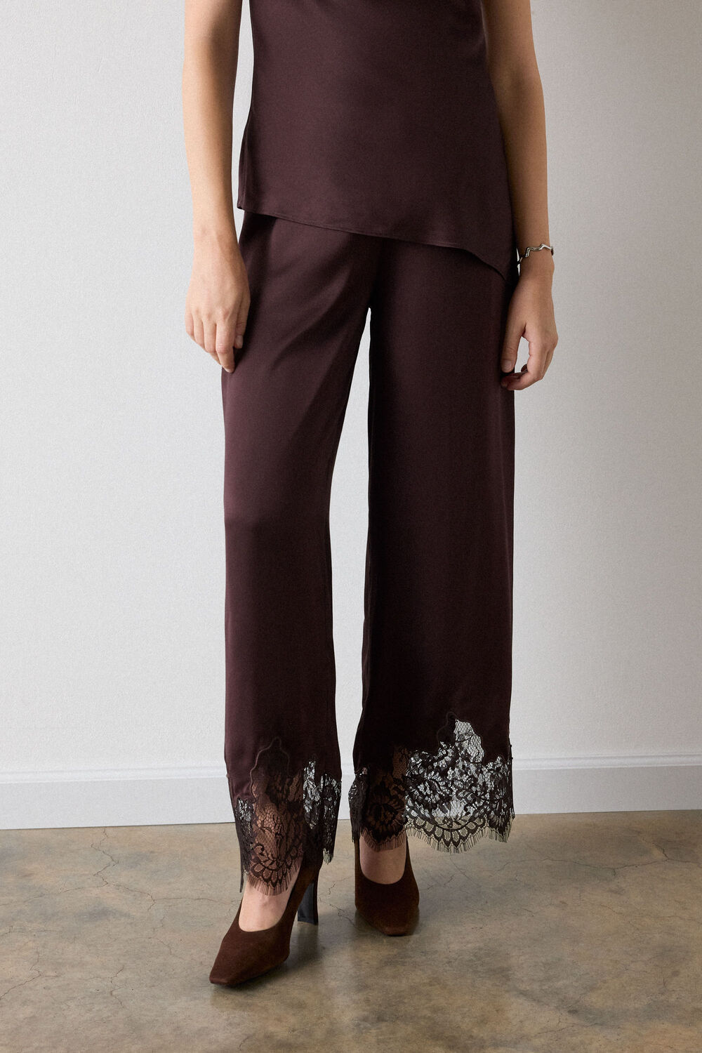 Chocolate Satin Lace Trim Trouser