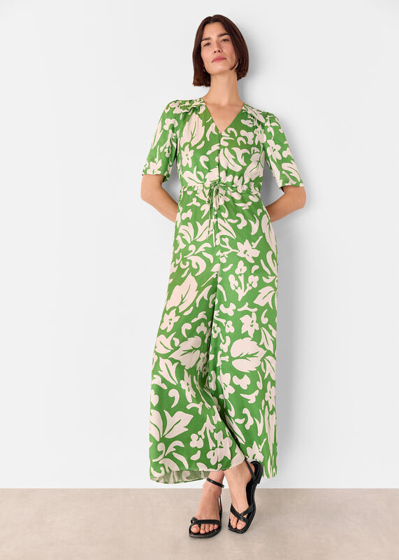 Green Floral Tie Waist Jumpsuit