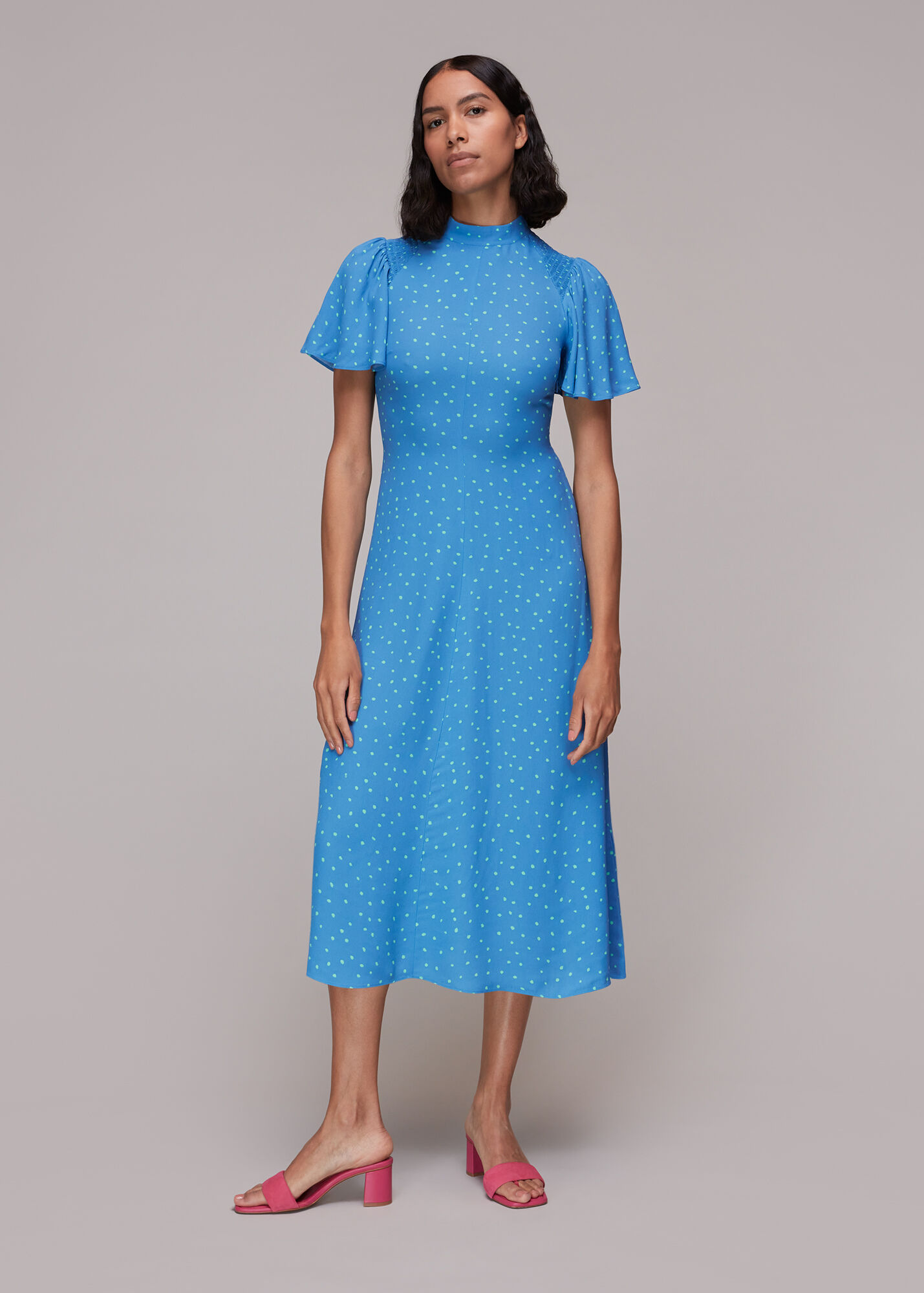 Blue/Multi Uneven Spot Print Midi Dress WHISTLES