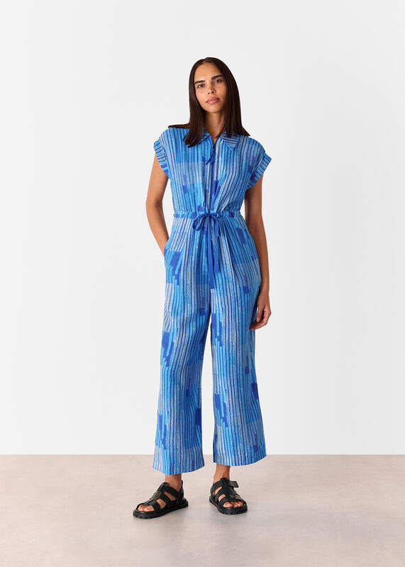 Blue Stripe Print Zip Jumpsuit