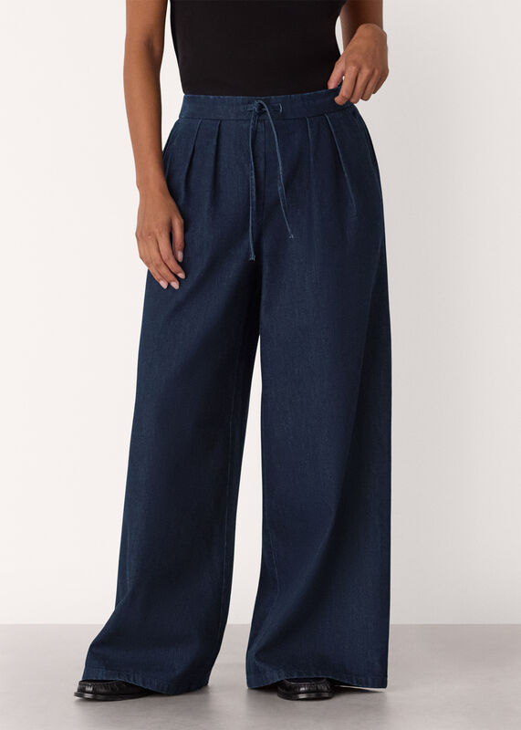 Dark Denim Petite Cotton Wide Leg Pleat Trouser