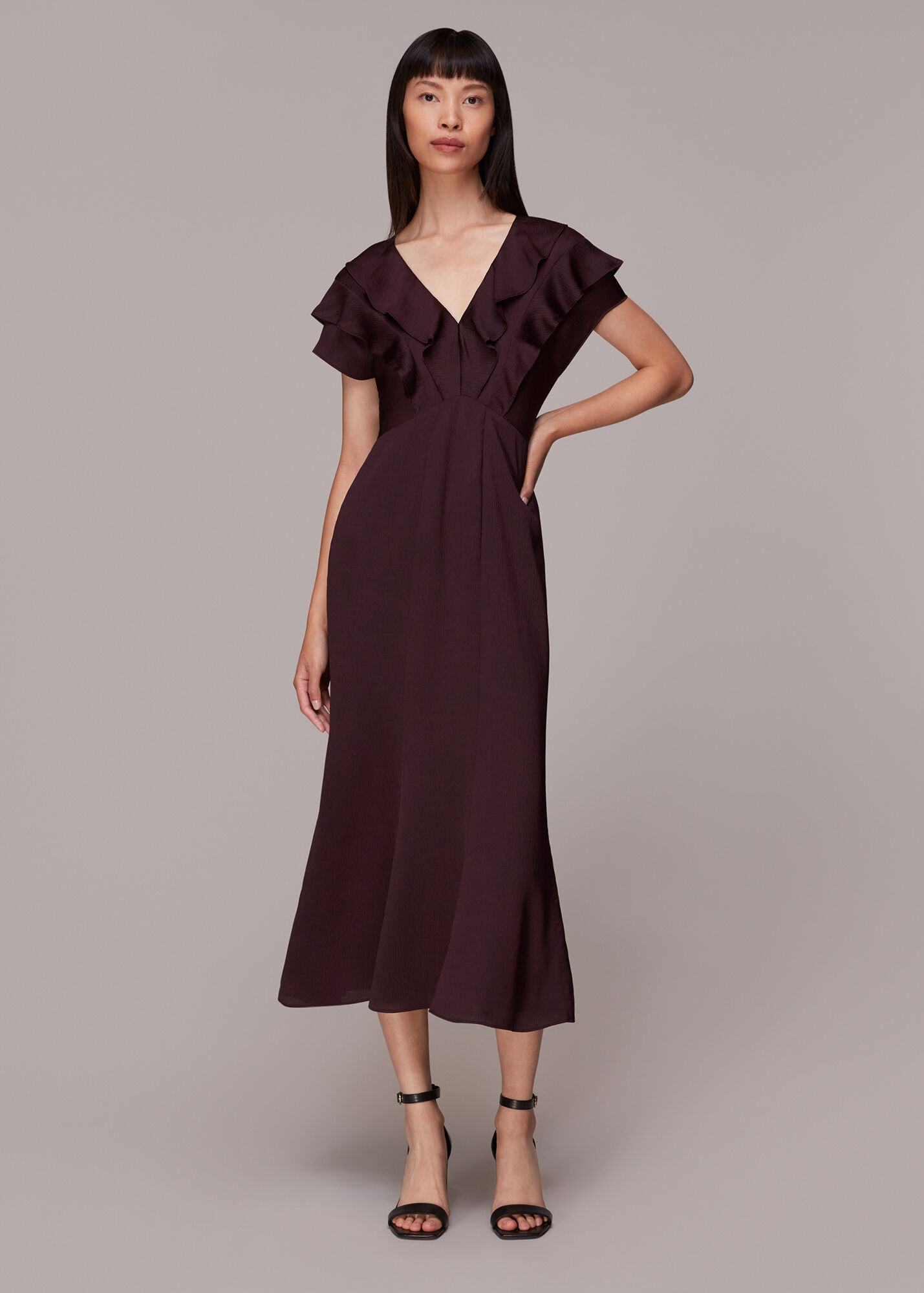 Aubergine Adeline Frill Midi Dress WHISTLES Whistles US