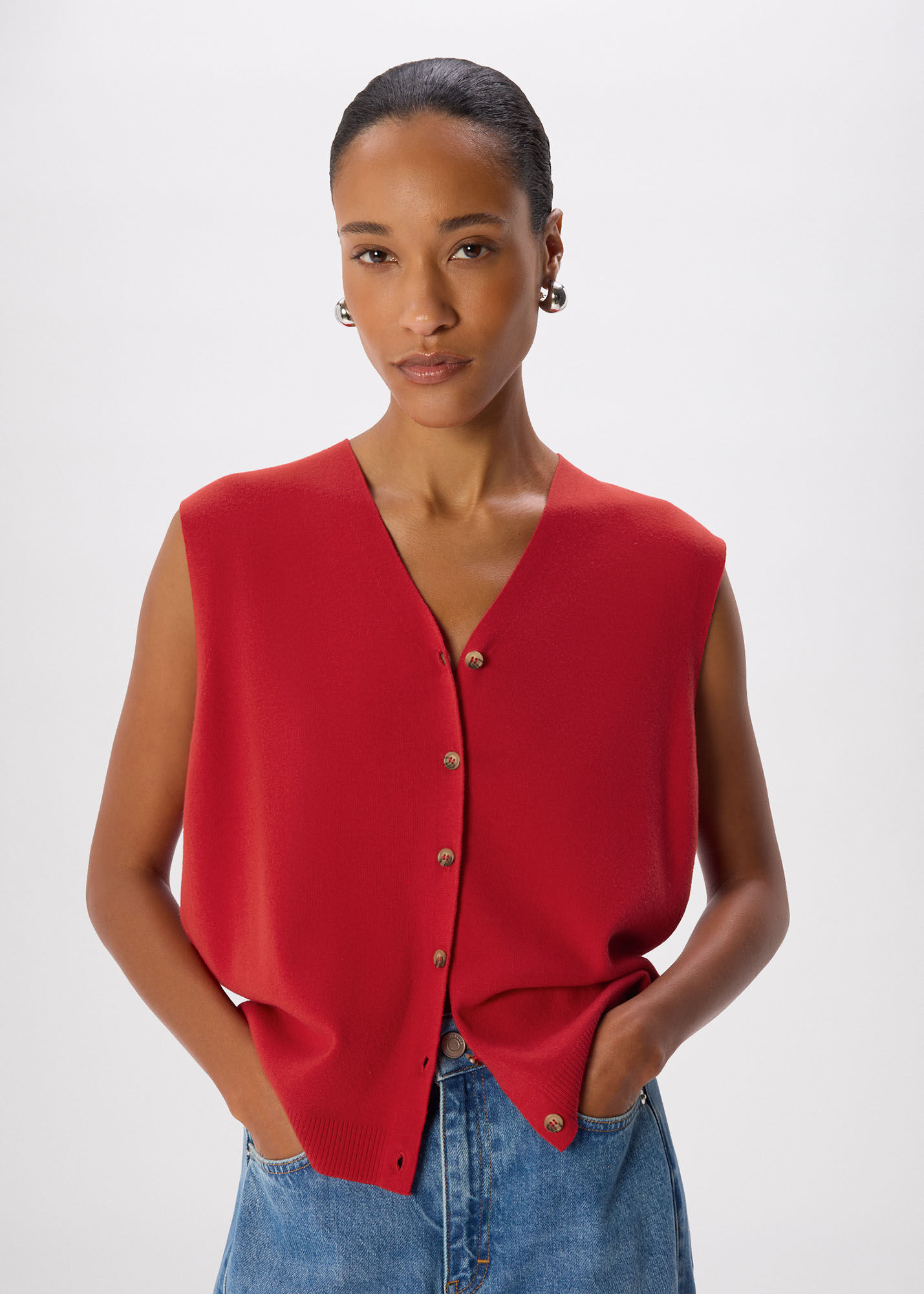 Red V Neck Button Front Knit Tank | WHISTLES | Whistles US |