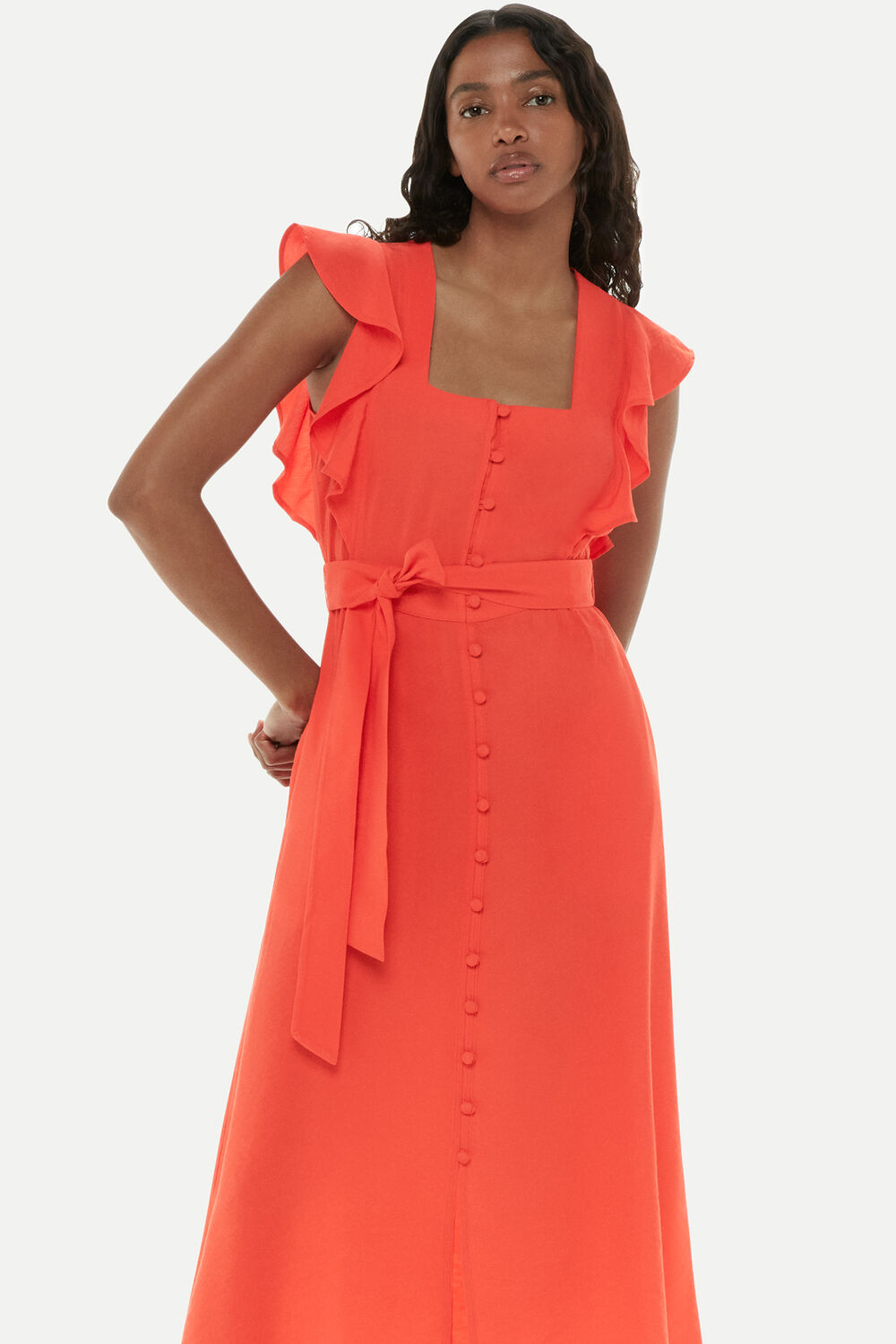 Red Sophie Frill Sleeve Midi Dress