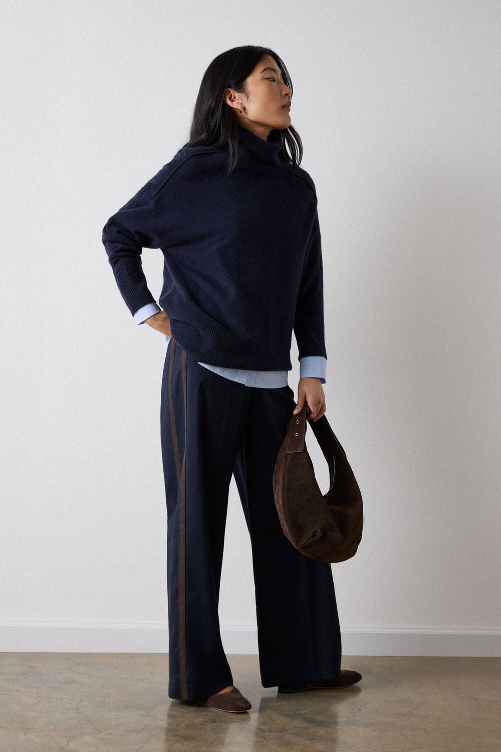 Navy Cashmere Seam Roll Neck Knit