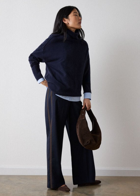 Navy Cashmere Seam Roll Neck Knit