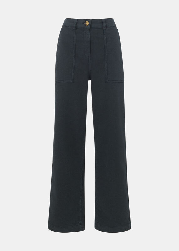 Washed Black Cotton Wide Leg Trouser