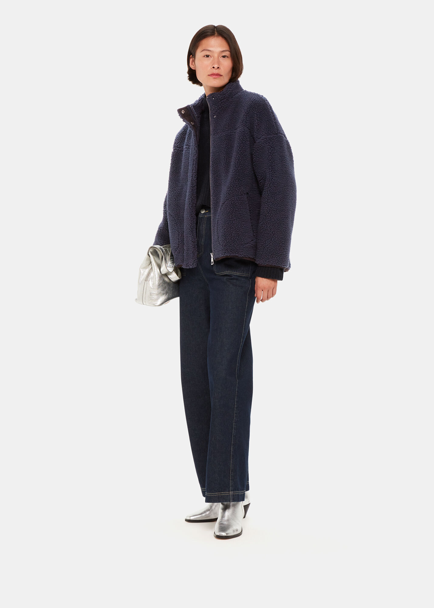 Navy Faux Teddy Bomber Jacket WHISTLES Whistles ROW