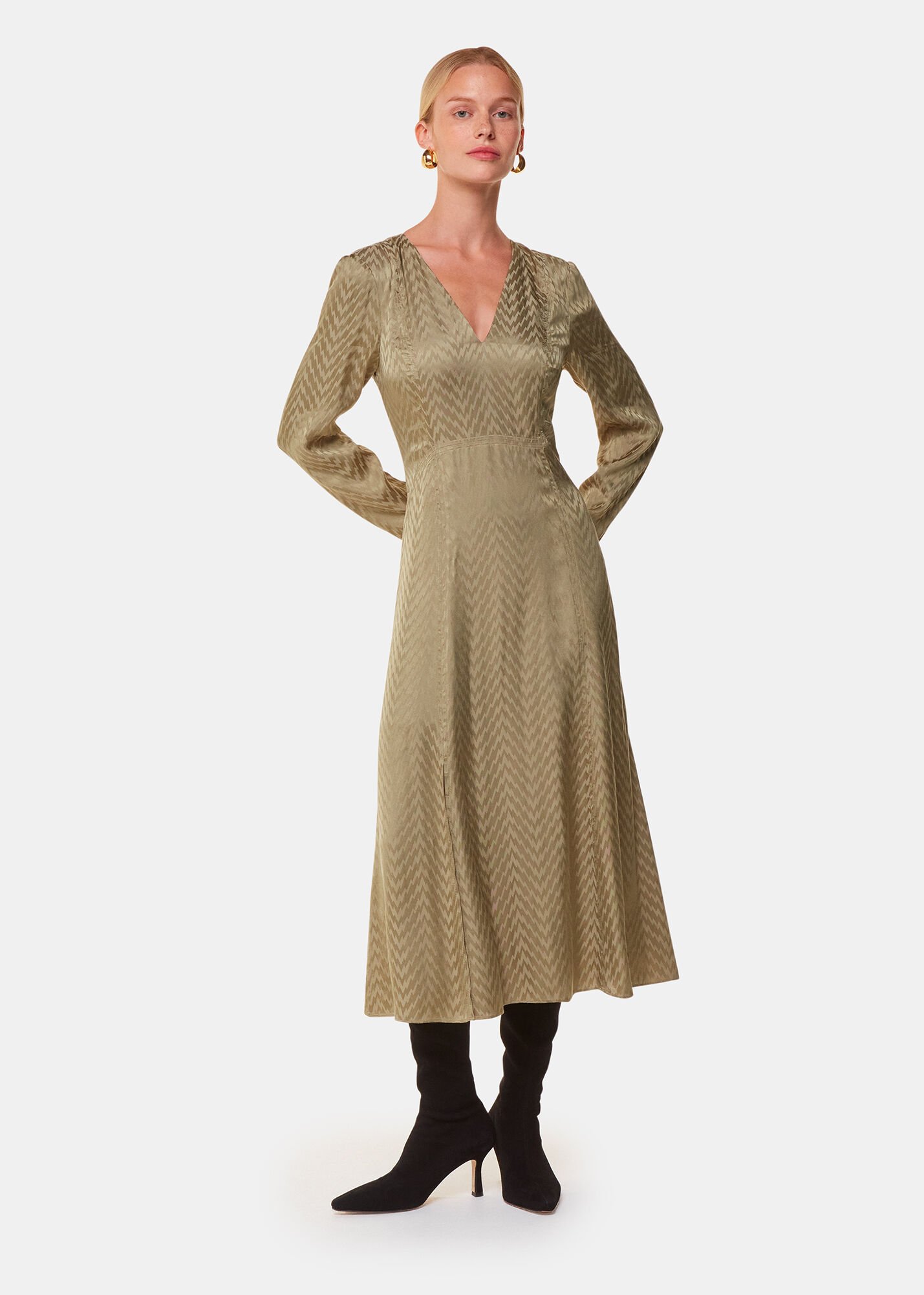 Khaki Jacquard Zig Zag Print Dress