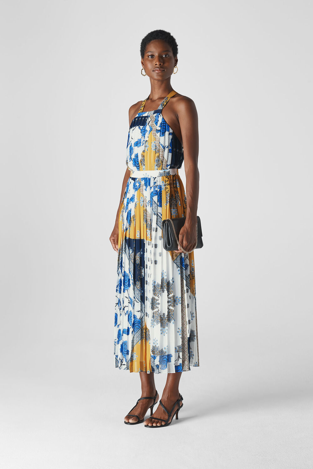 Patchwork Scarf Pleated Dress Blue/Multi