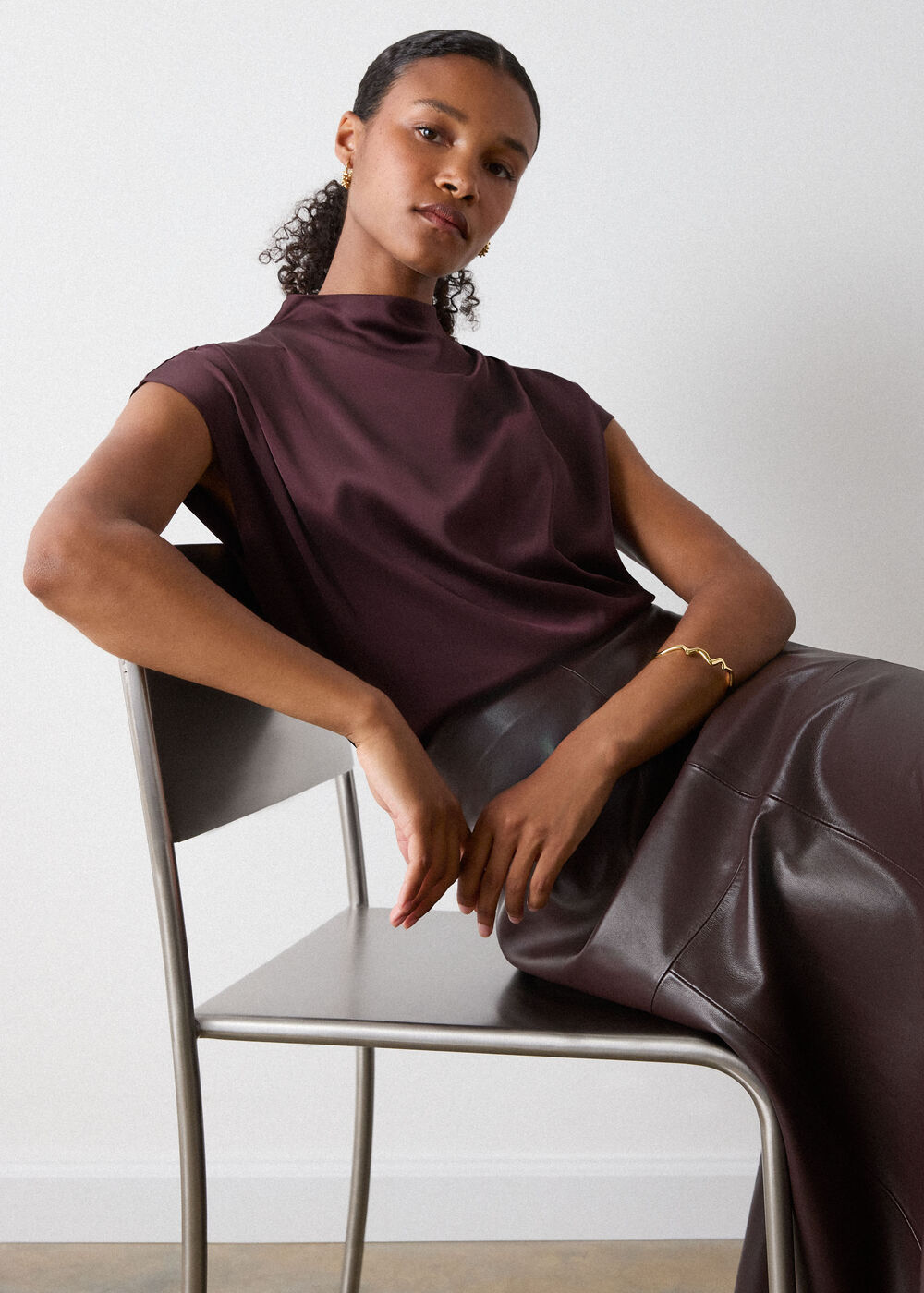 Cowl Neck Satin Sleeveless Top