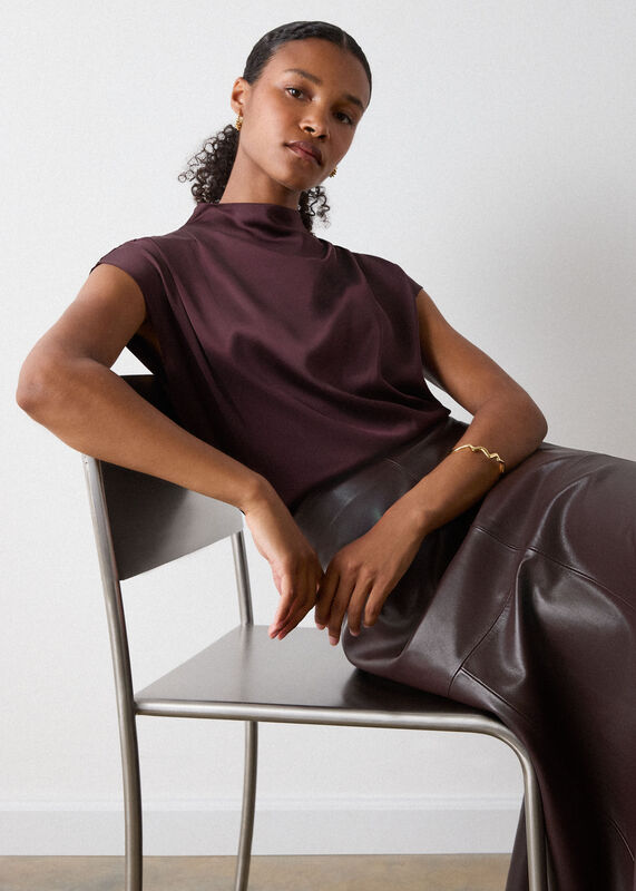 Burgundy Cowl Neck Satin Sleeveless Top