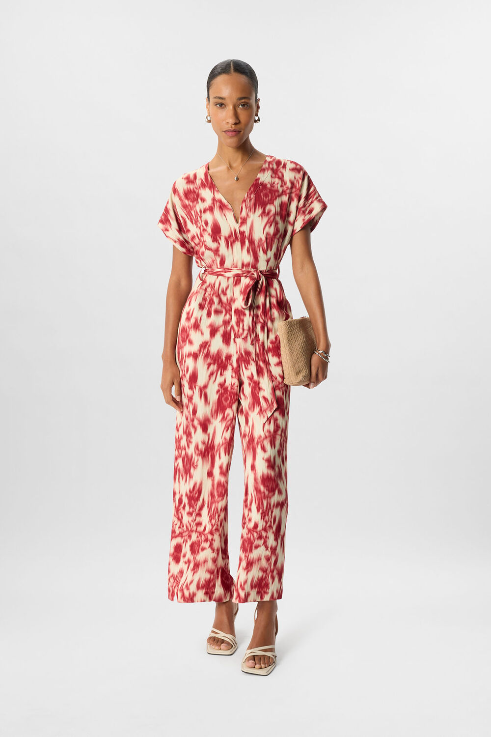 Red Blurred Floral Tie Jumpsuit