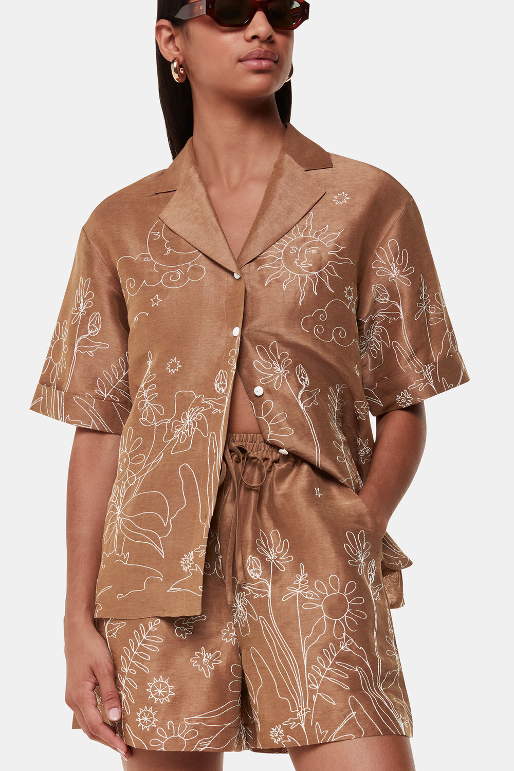 Brown Embroidered Scribble Short