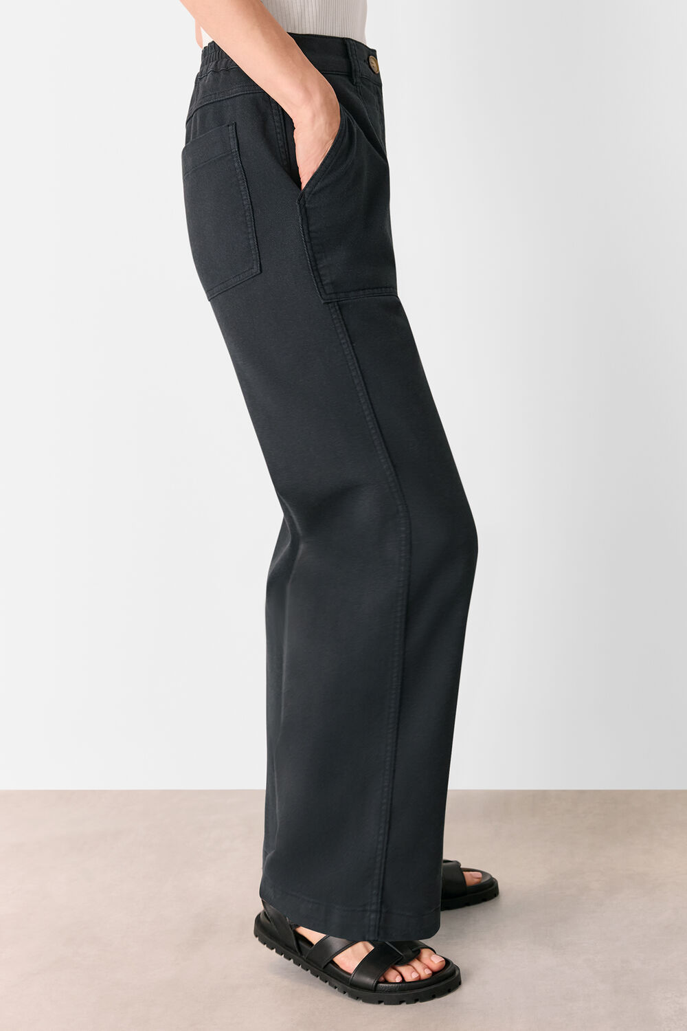 Washed Black Cotton Wide Leg Trouser
