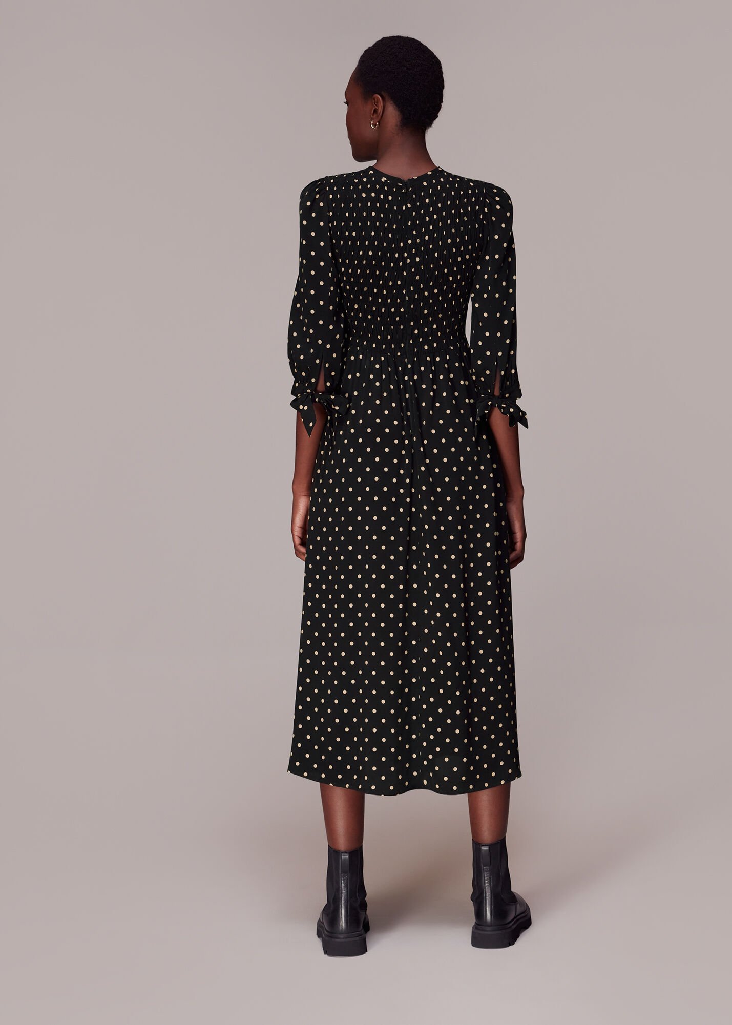 Black Multi Shirred Spot Midi Dress WHISTLES