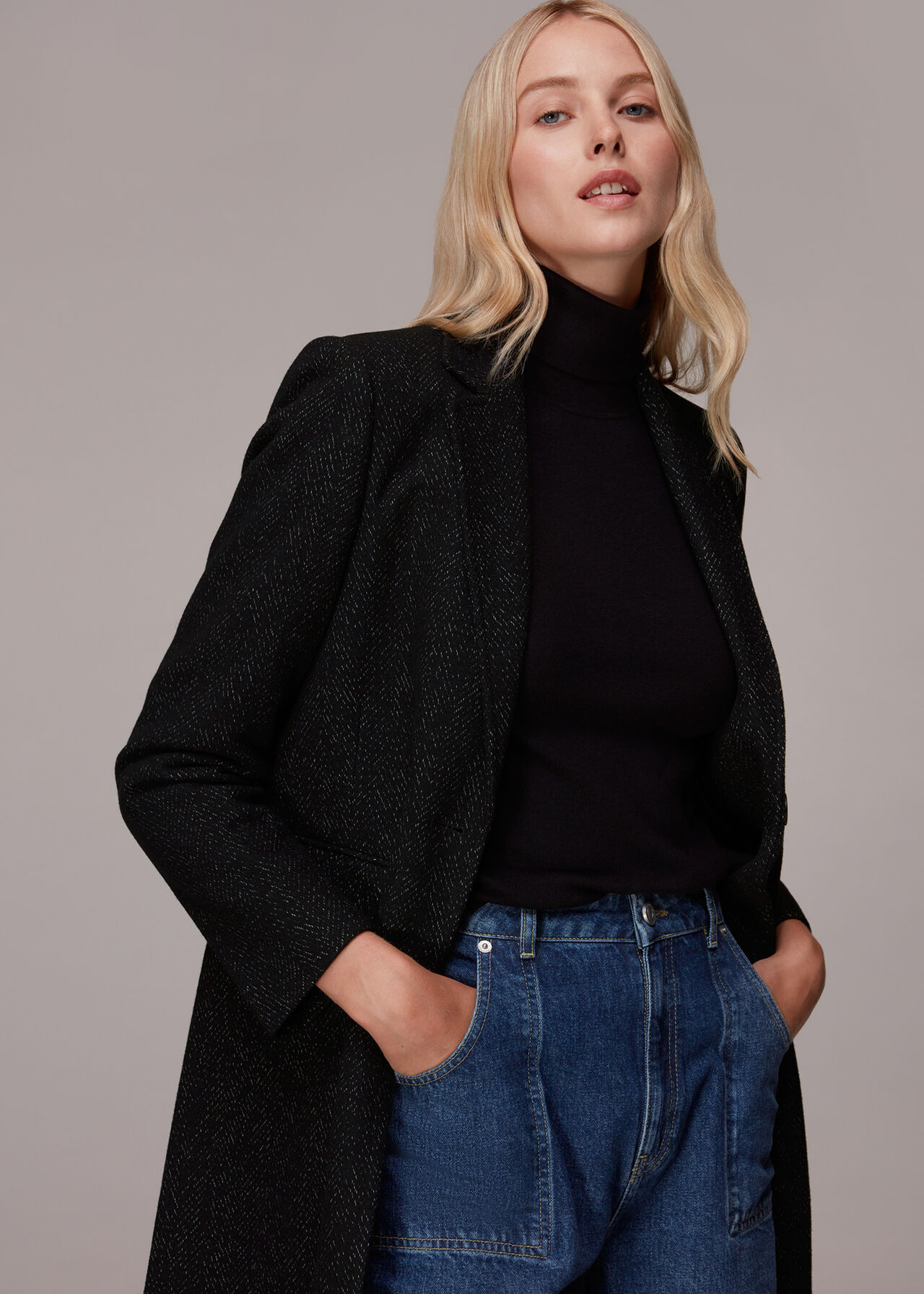 Black Wool Flecked Slimline Coat | WHISTLES