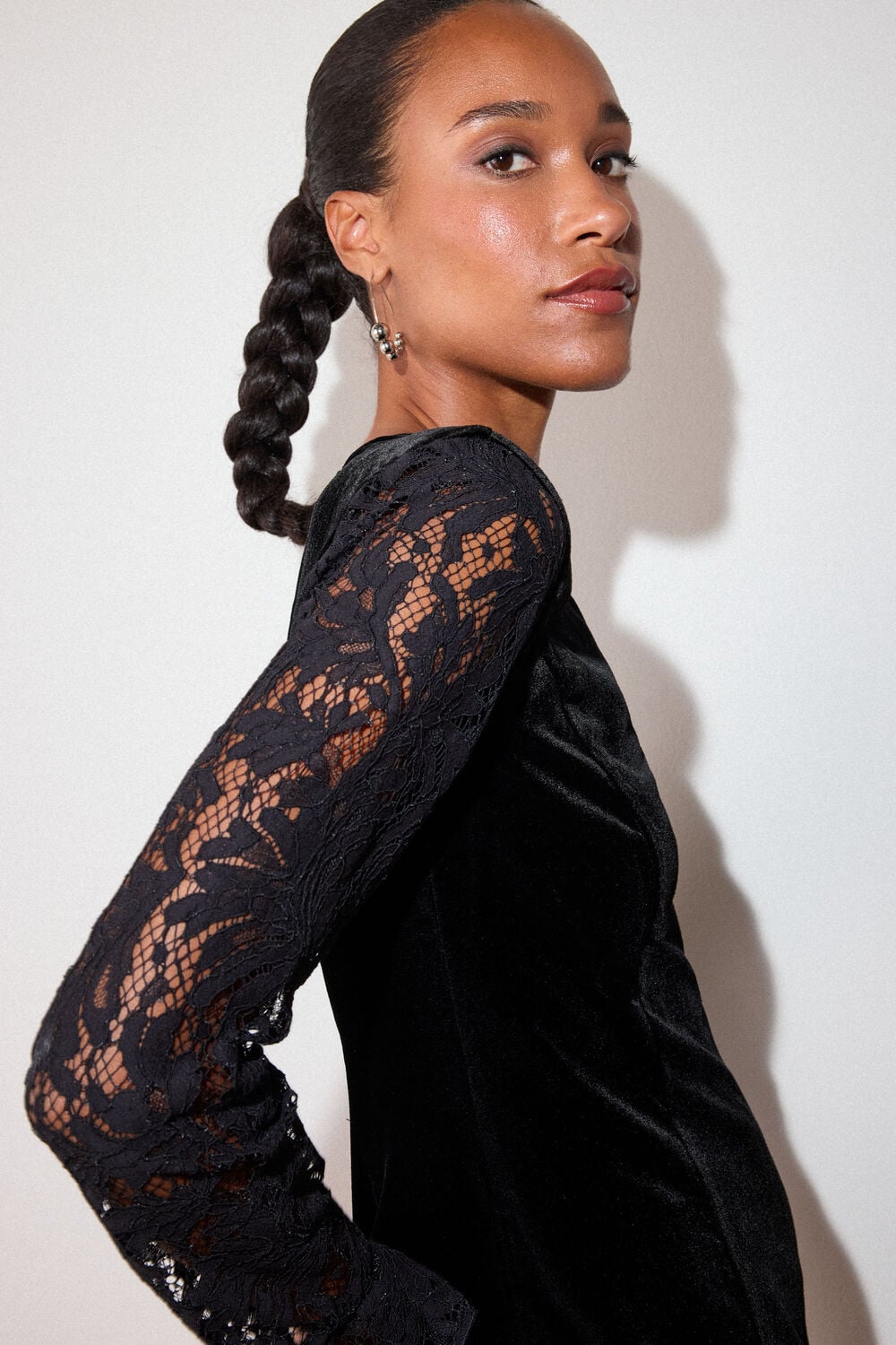 Black Lace Sleeve Velvet Mini Dress