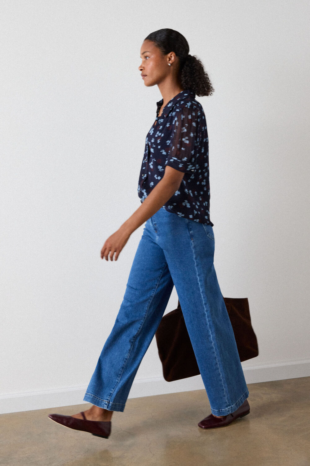 Navy Floral Short Sleeve Viscose Pintuck Blouse