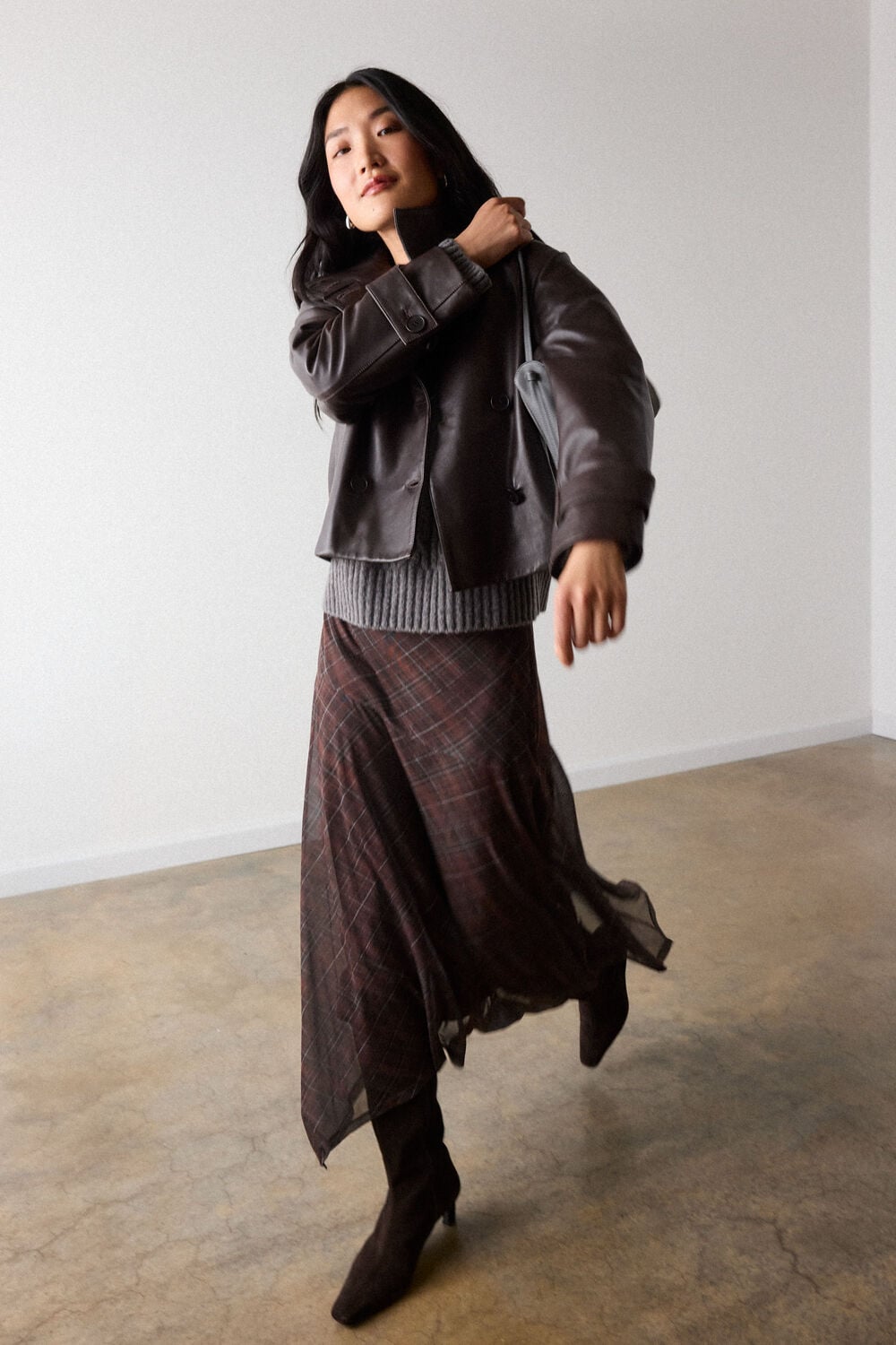 Chocolate Funnel Neck Leather Jacket