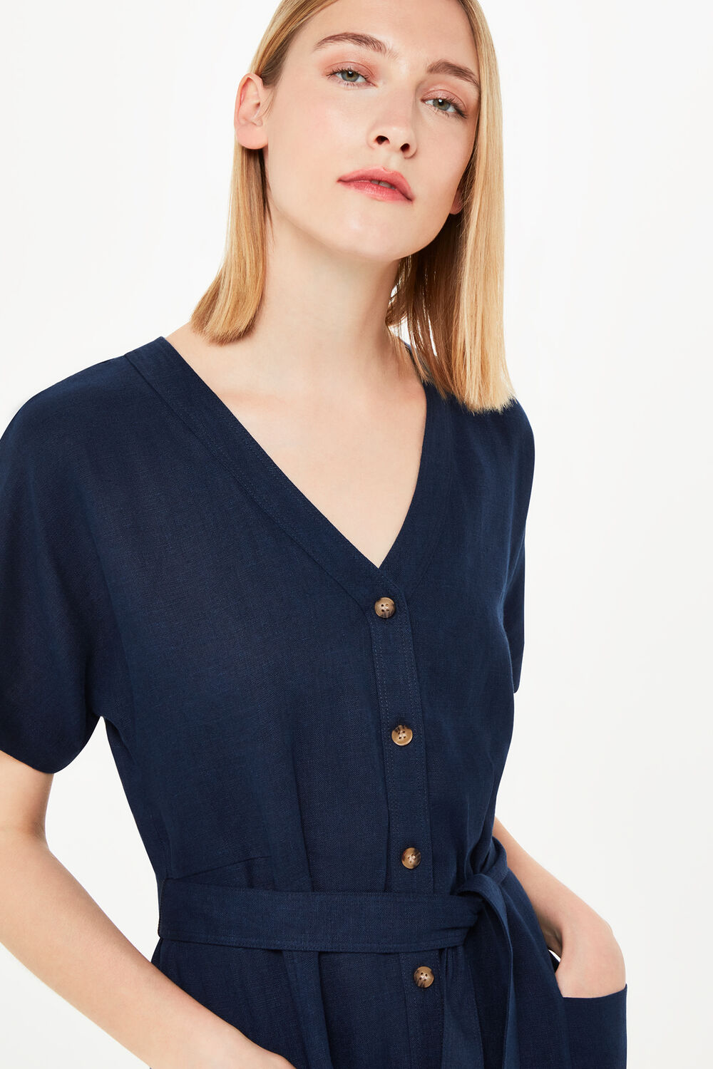 Navy Linen Belted Midi Dress