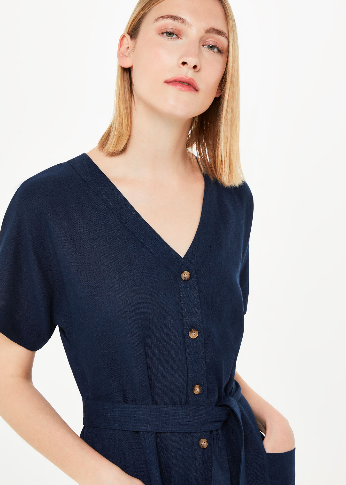 Navy Linen Belted Midi Dress WHISTLES