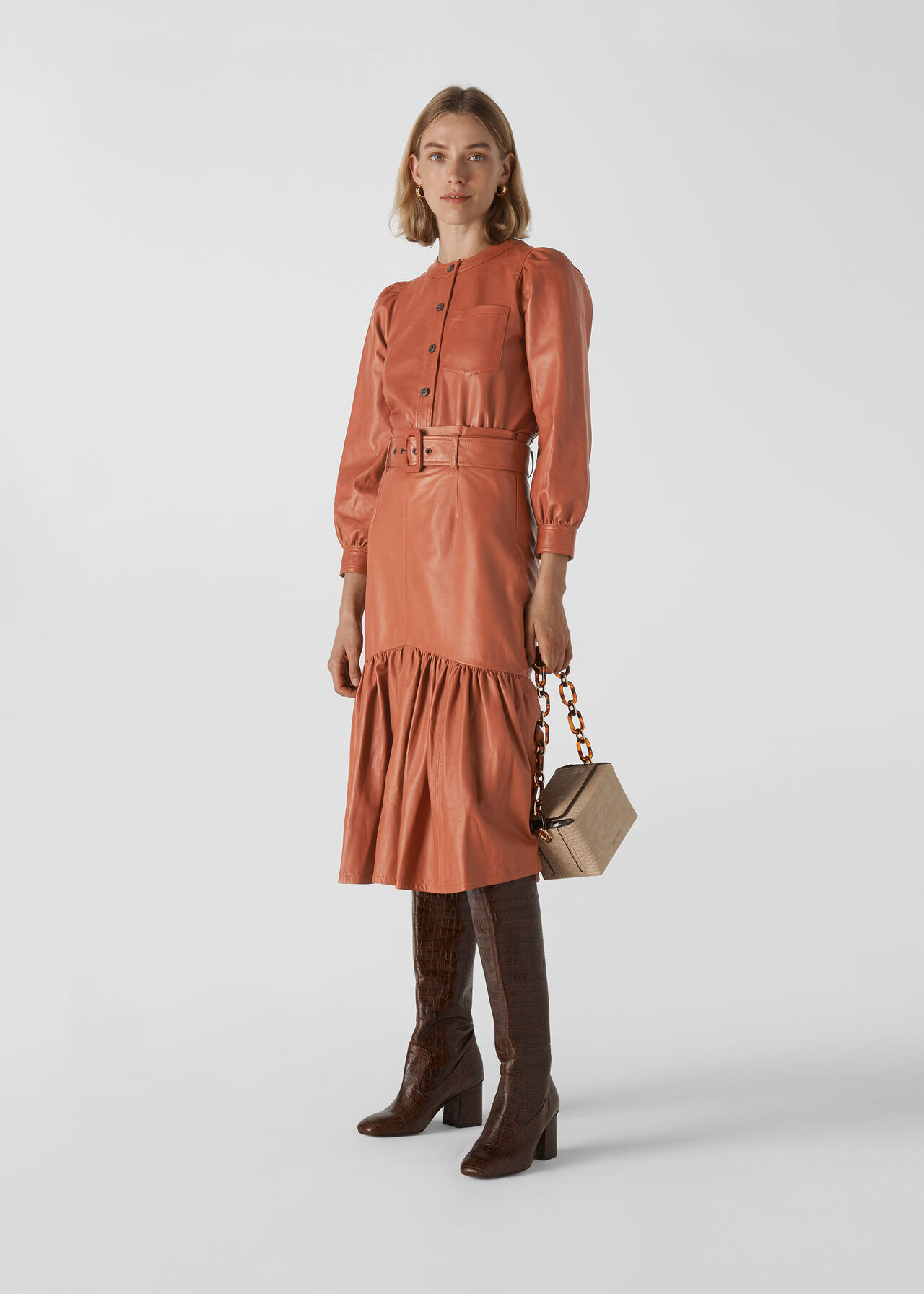 Leather Gathered Sleeve Shirt Toffee
