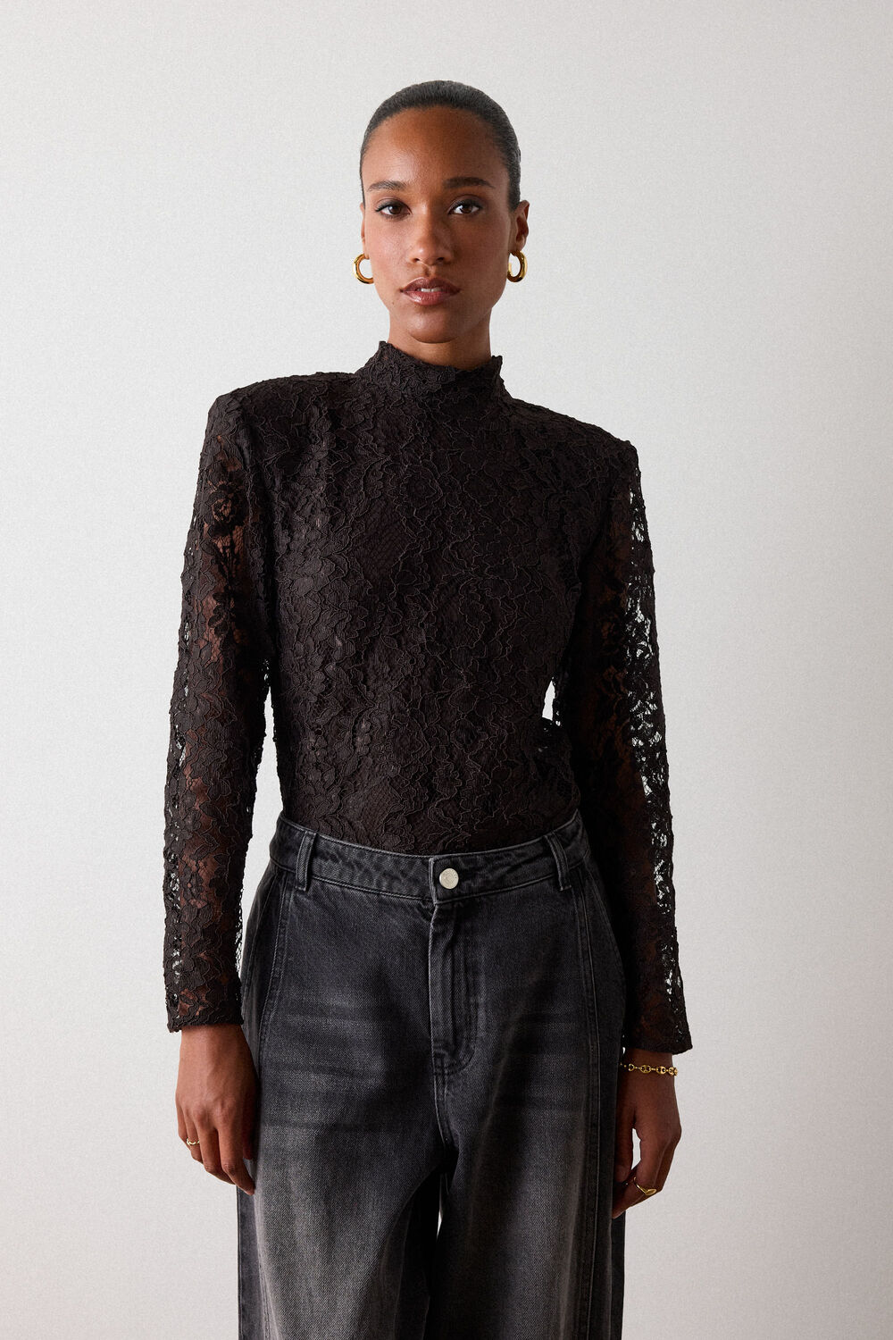Chocolate Lace Power Shoulder Top
