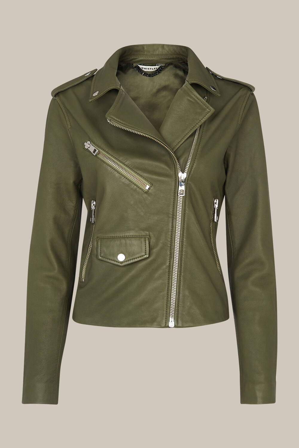 Khaki Agnes Pocket Leather Jacket