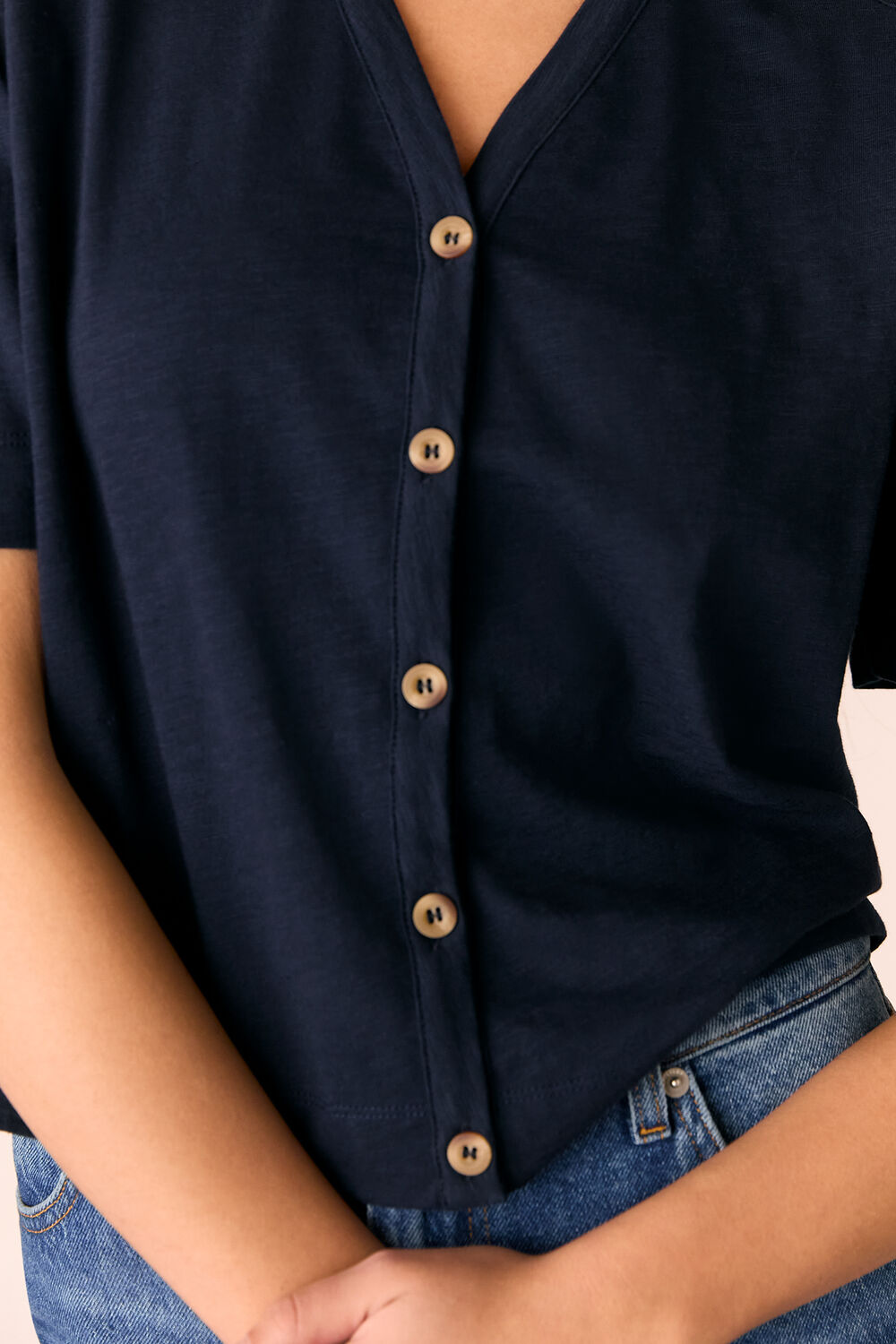 Navy Ella V Neck Button Through Tee