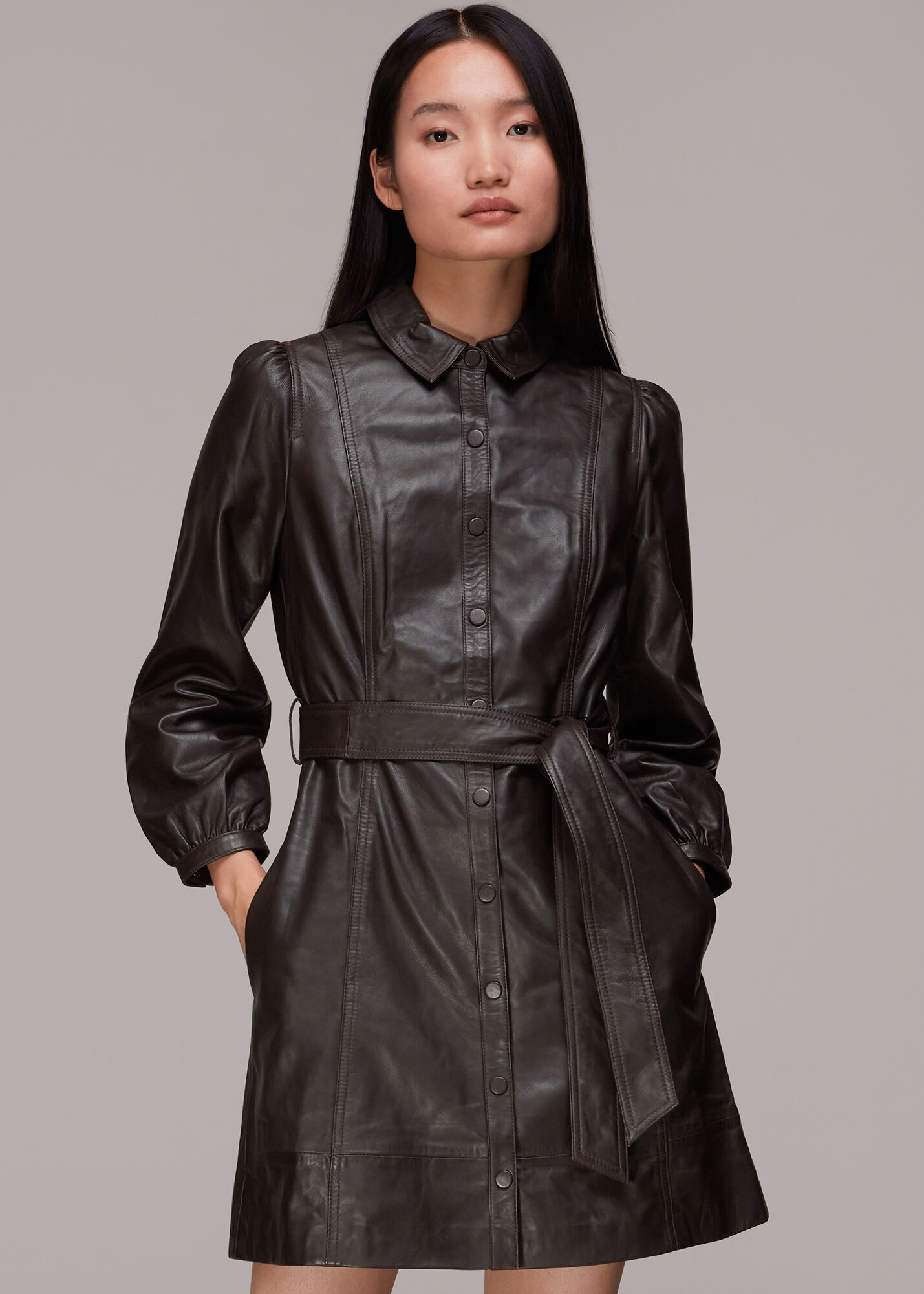Brown Phoebe Short Leather Dress WHISTLES