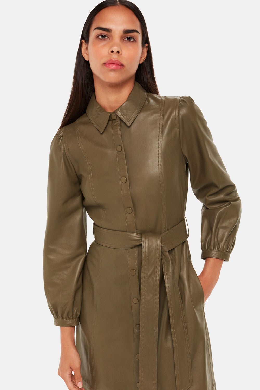 Phoebe Leather Shirt Dress Khaki