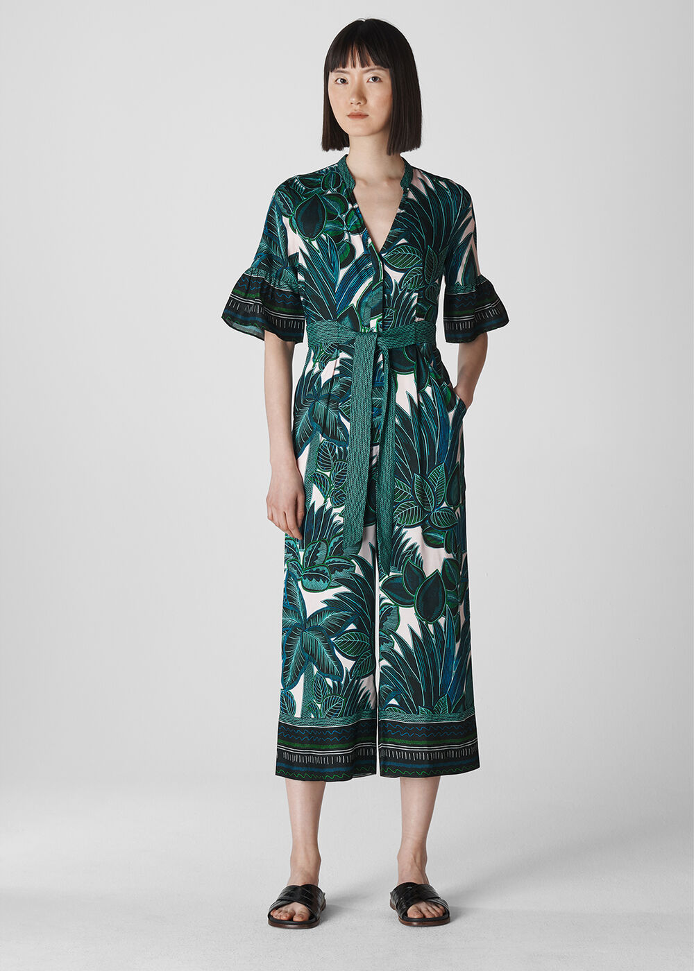 Palm Print Tie Front Jumpsuit