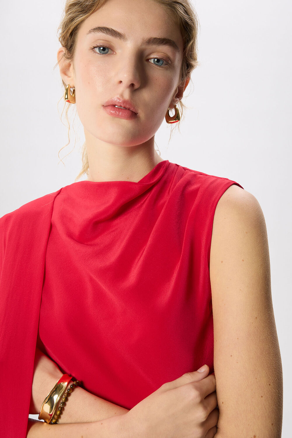 Red Cowl Neck Silk Drape Top