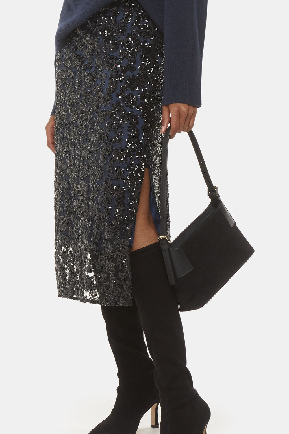 Black Petite Floral Sequin Midi Skirt