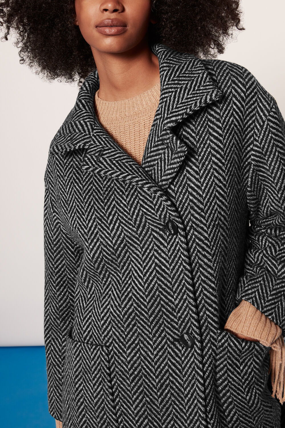 Herringbone Funnel Neck Coat