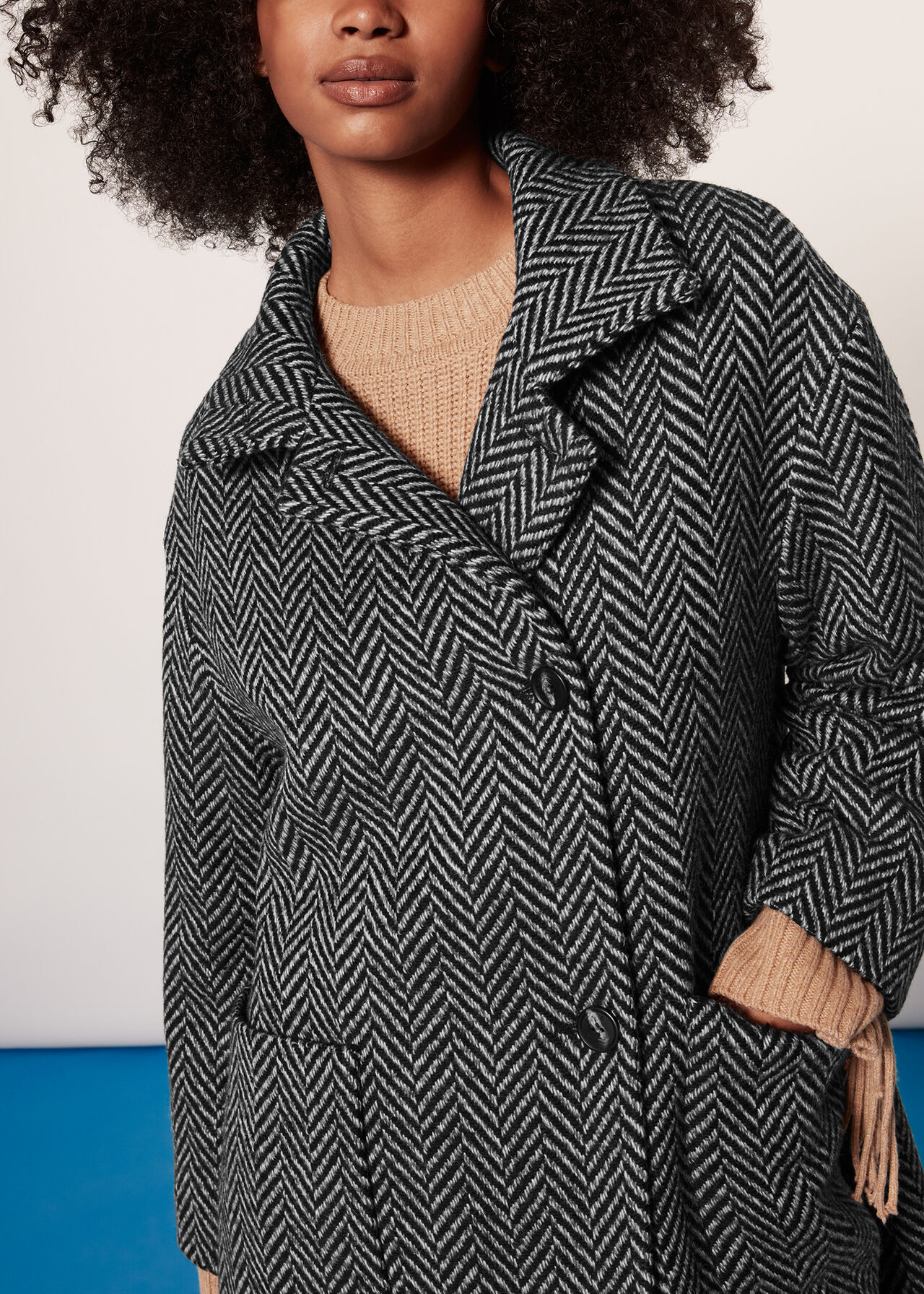 Herringbone Funnel Neck Coat