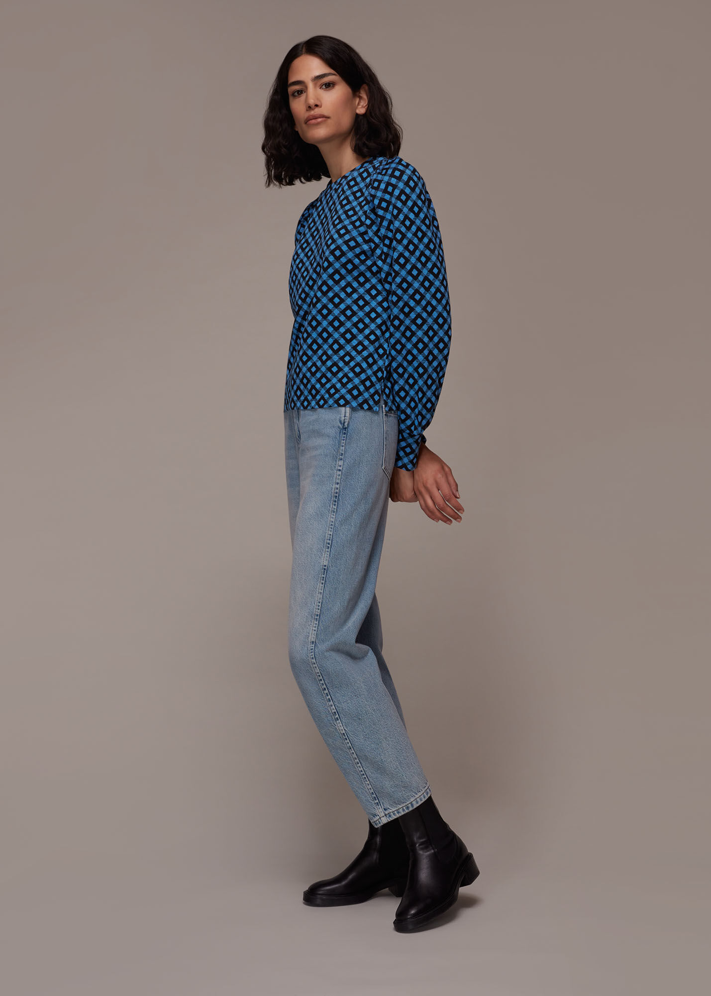 Jacquard Puff Sleeve Check Top |