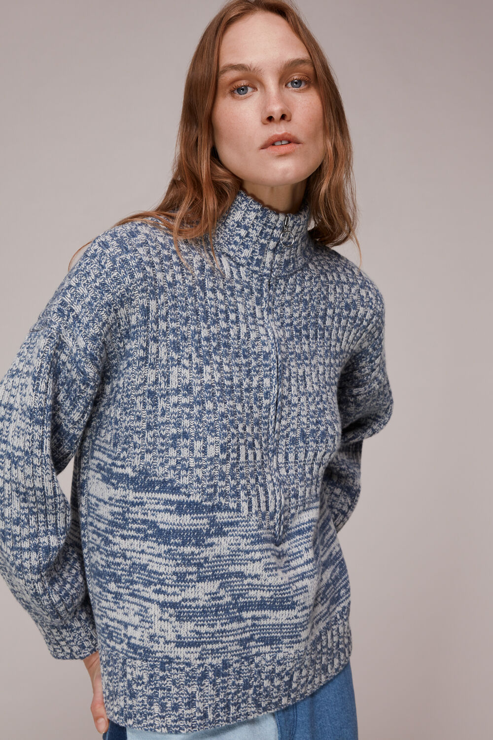 Zip Neck Rib Detail Sweater