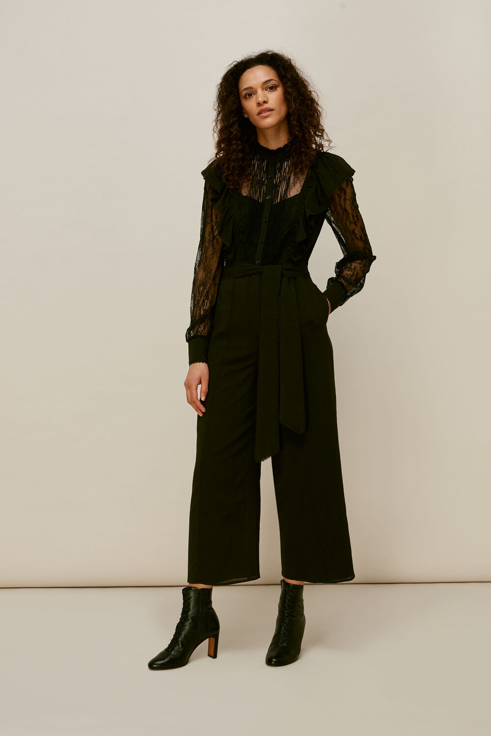 Mixed Lace Frill Jumpsuit Black