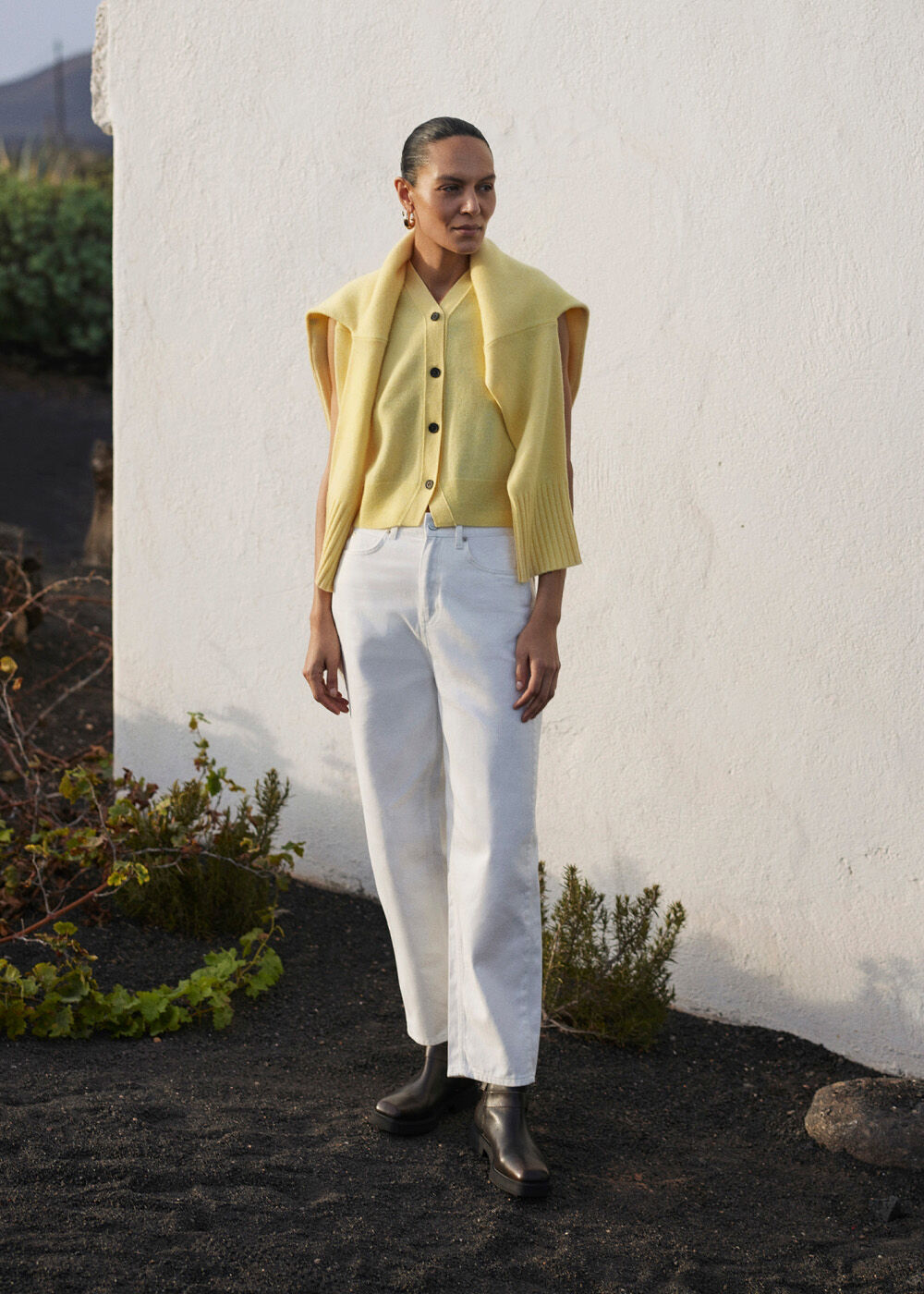 Women's Yellow Wool V Neck Button Front Sweater Vest