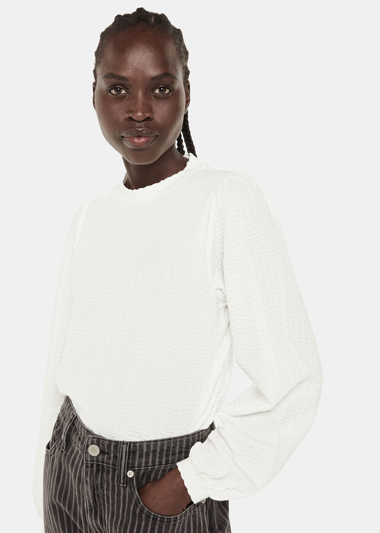 Textured Puff Sleeve Crew Neck