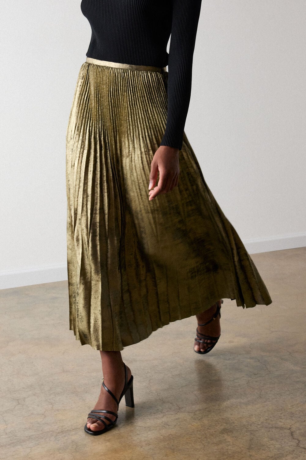 Gold Metallic Pleated Midi Skirt