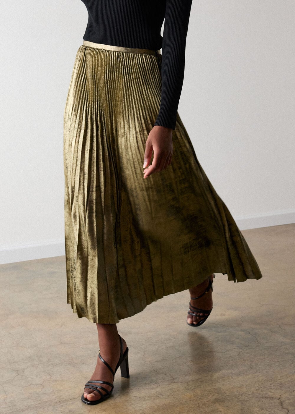 Gold Metallic Pleated Midi Skirt